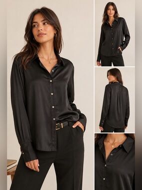 Forever 21 Black Satin Button Down Shirt Blouse Small